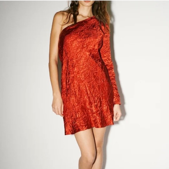 Third Form x Free People Red Crinkle Satin Running Water One Shoulder Mini dress - Picture 1 of 12